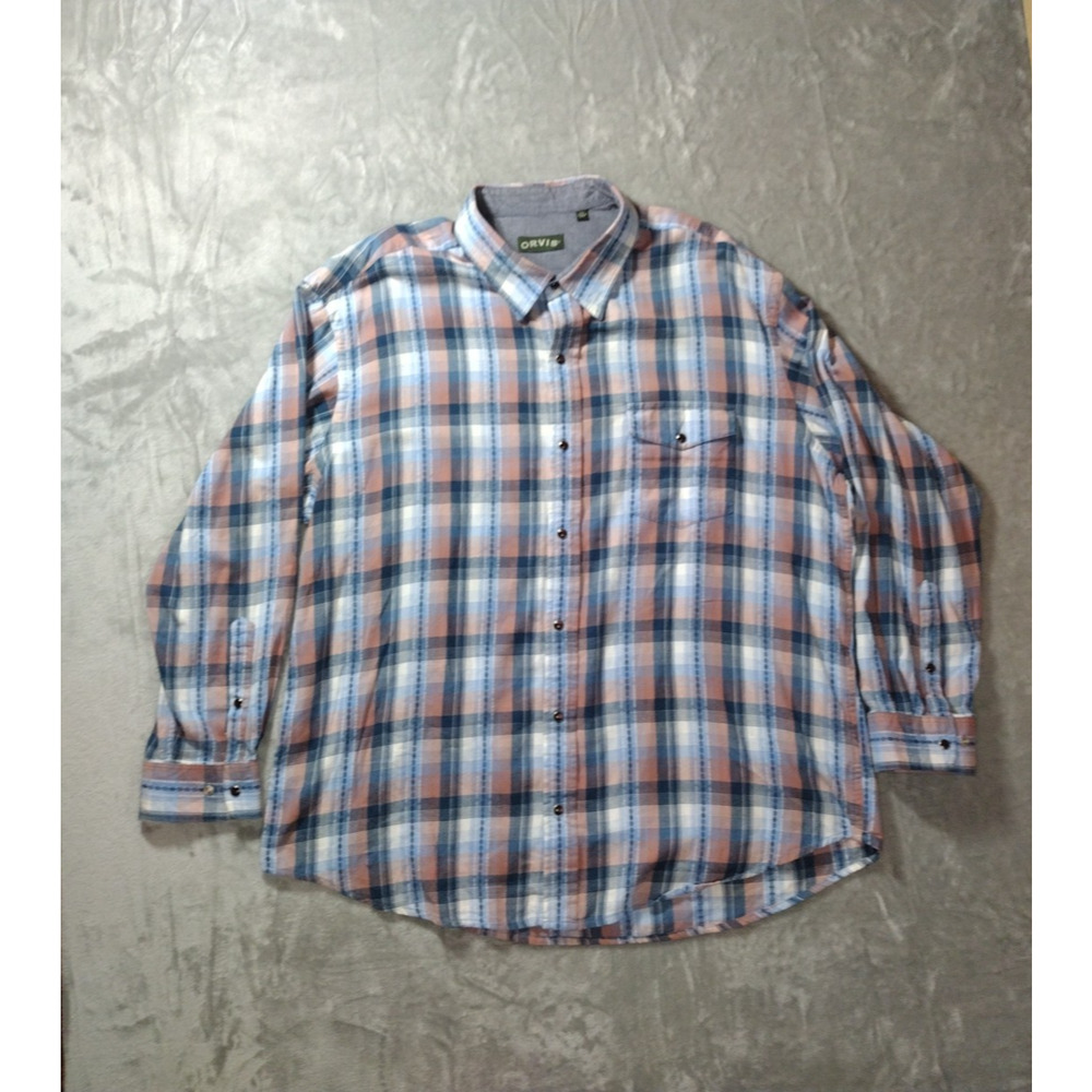 Orvis Western Shirt Mens XXL Pearl Snap Long Sleeve Blue/Orange Plaid Cowboy